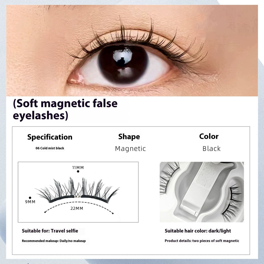 Close-up of an eye wearing soft magnetic false eyelashes with product details.
