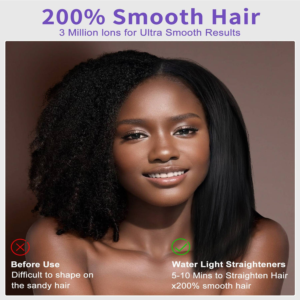Woman with smooth hair after using a hair straightener, with text highlighting product benefits.