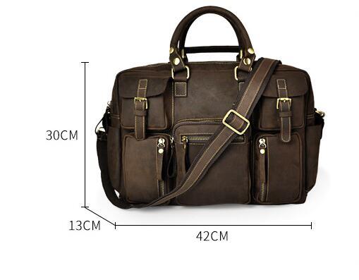 Brown leather briefcase with measurements on a white background