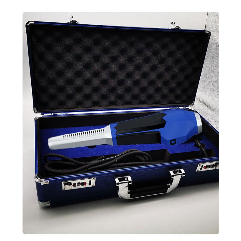 Blue hair straightener in a black and silver case on a white background