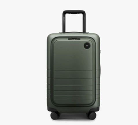 Green suitcase with a black handle on a white background