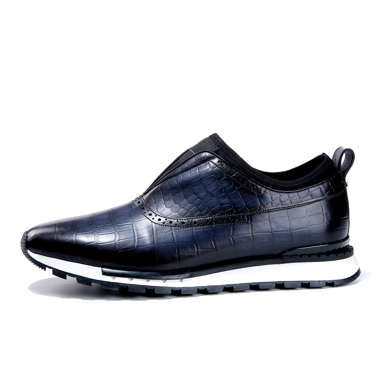 Black crocodile-patterned sneaker on a white background