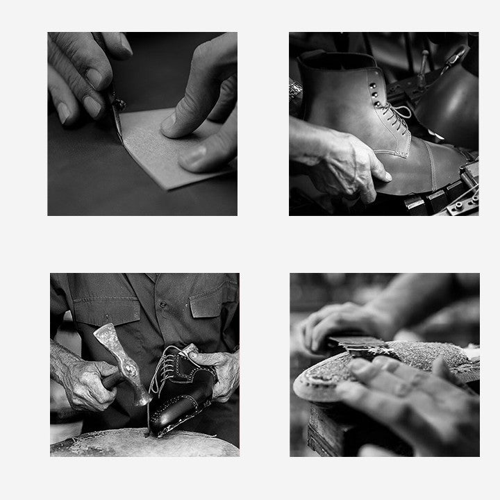 Black and white collage of a shoemaker working on leather shoes.