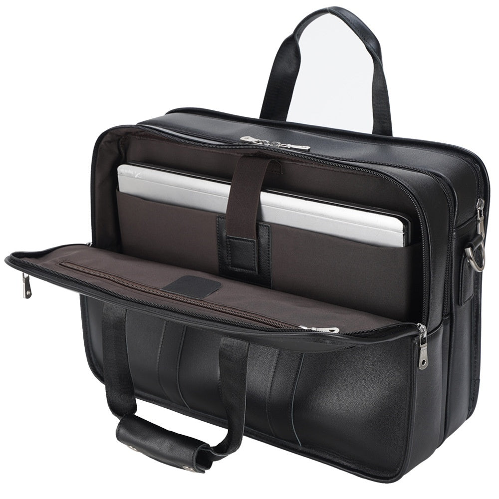 Black leather briefcase with open compartment showing a laptop inside, on a white background.