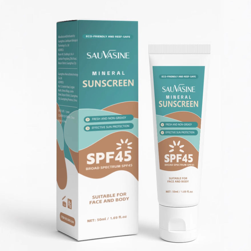Sauvasine Mineral Sunscreen SPF45 packaging and tube on a white background