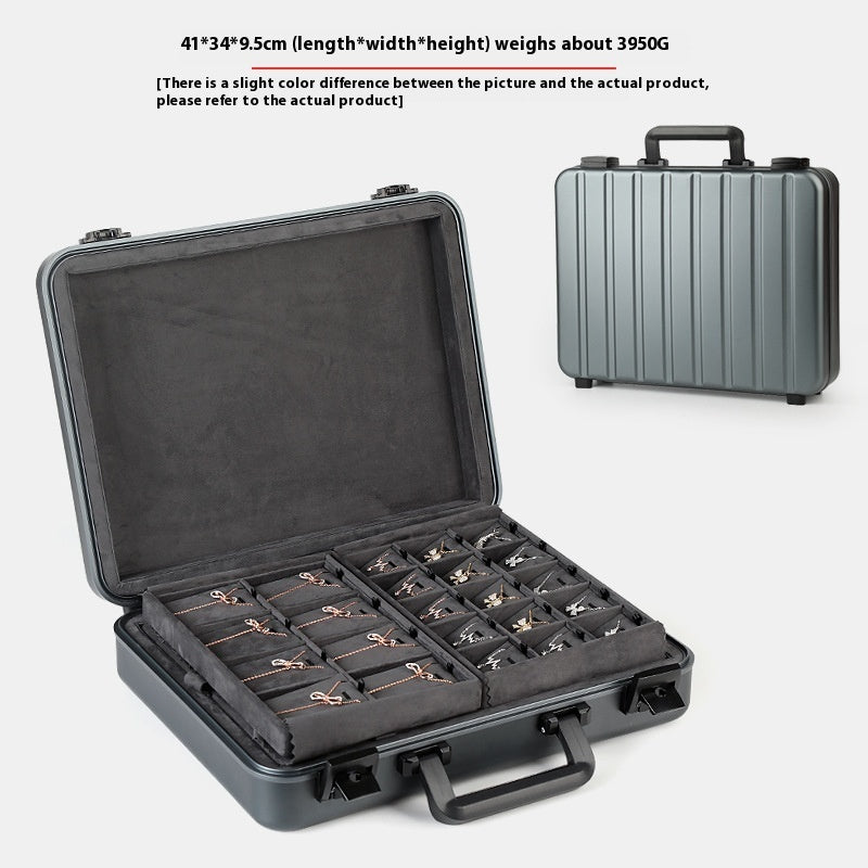 Black carrying case with compartments for small items on a white background