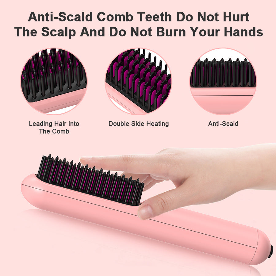 Pink hair straightening comb with text highlighting features on a pink background