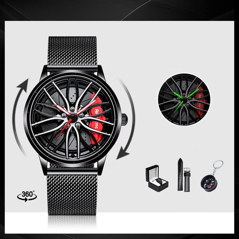 Black watch with wheel design, additional watch face, box, strap, and keychain on a white background