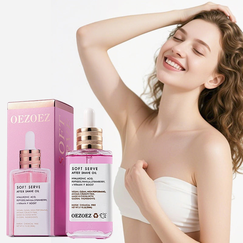 Oezoez after shave oil with a woman in a white towel on a white background