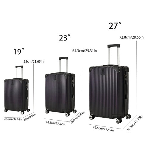 Three black suitcases with measurements on a white background