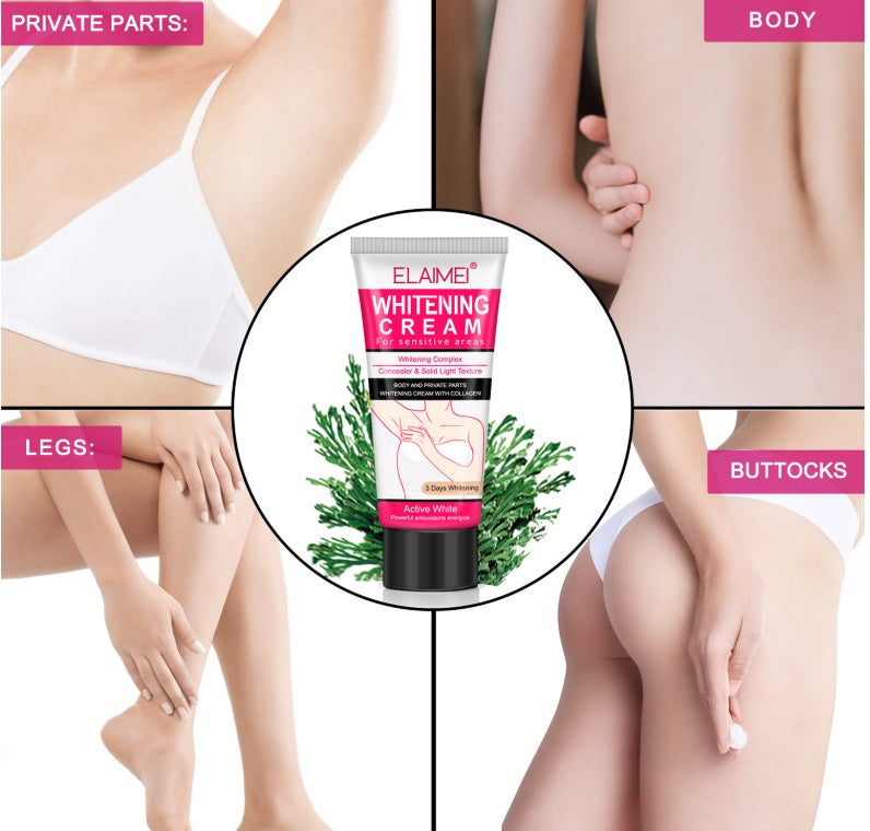 Elaimi Whitening Cream packaging with a woman applying cream to her legs and buttocks.