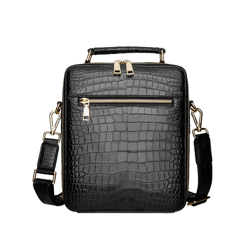 Black crocodile-patterned handbag with gold zippers on a white background