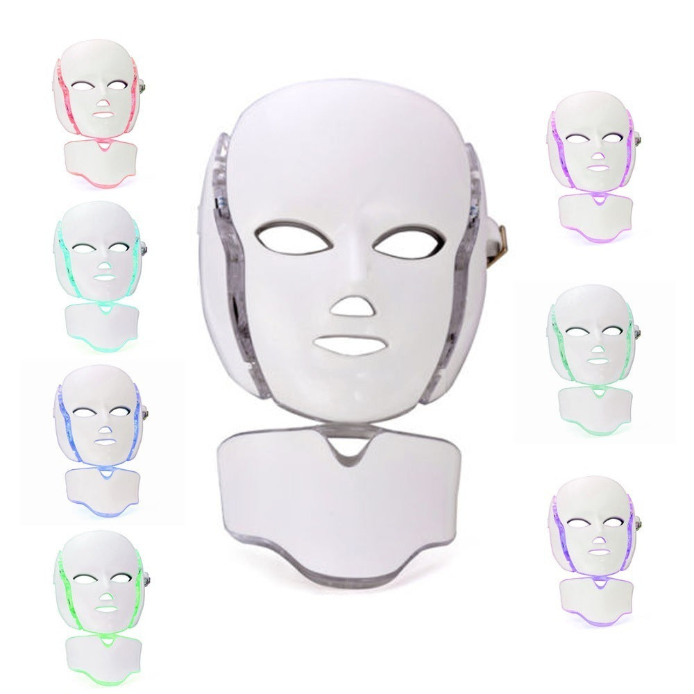 White LED face and neck mask with multiple light colors on a white background