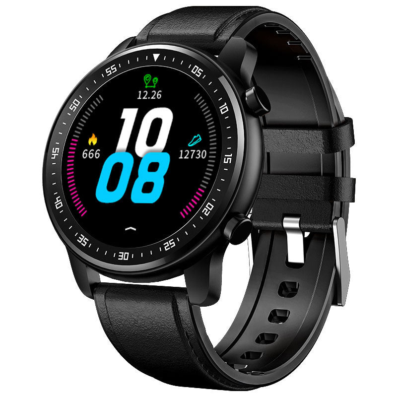 Black smartwatch with digital display on a white background