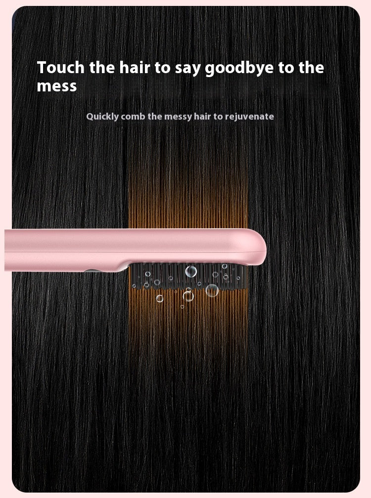 Pink hair straightener combing through black hair with text on a dark background