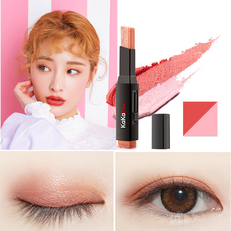 Makeup product with close-up of application on skin and eye, featuring a model and color swatch.