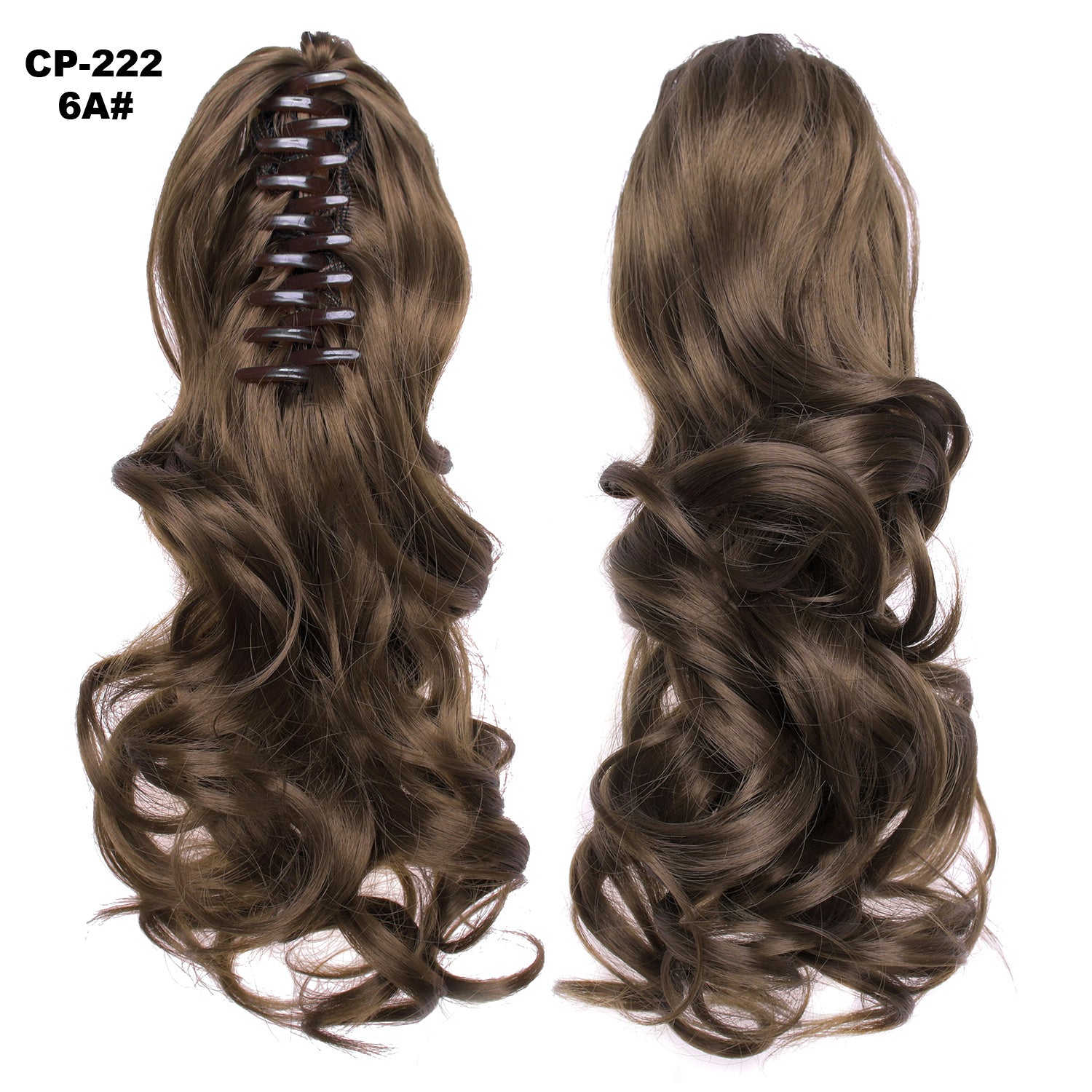 Brown hair extension with a clip on the left and styled on the right against a white background.