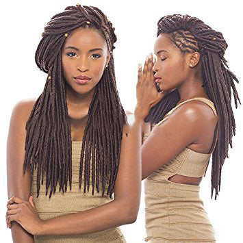 Woman with styled dreadlocks wearing a beige top, shown from front and side views.