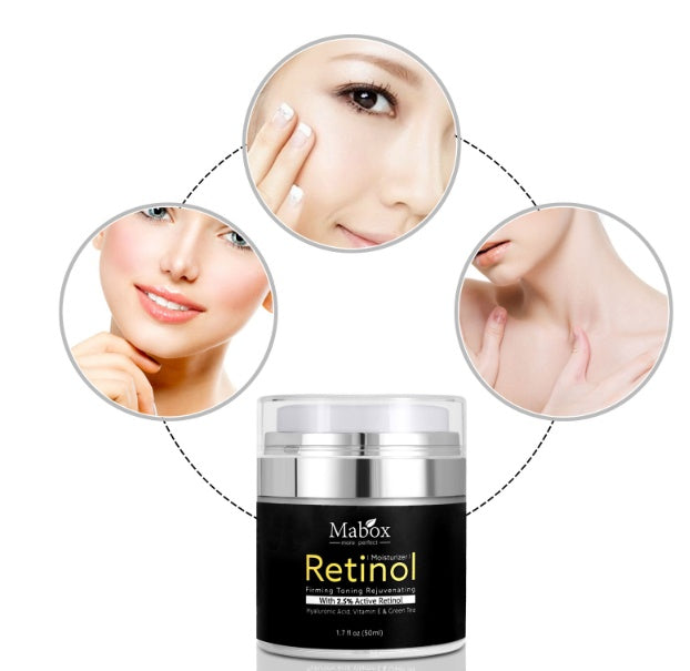 Mabox Retinol cream jar with close-ups of skin benefits on a white background