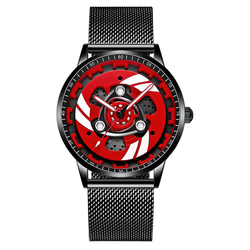 Watch with a red face and black mesh band on a white background
