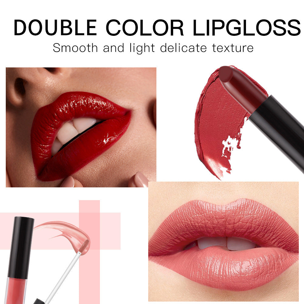 Collage of a double color lipgloss with close-ups on lips and texture.