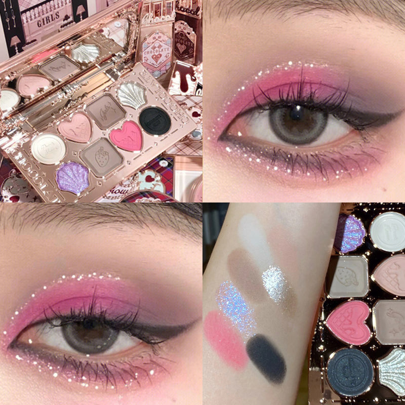 Makeup palette with heart designs and close-up of eyes with pink eye makeup.
