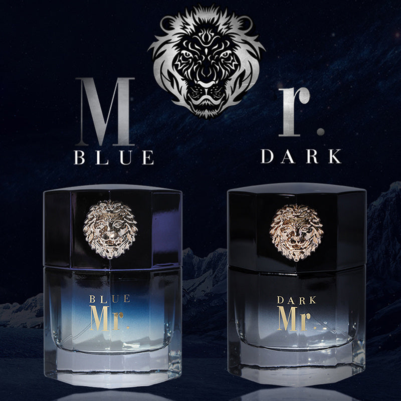 Two perfume bottles labeled 'Blue Mr' and 'Dark Mr' with a tiger logo on a dark background.