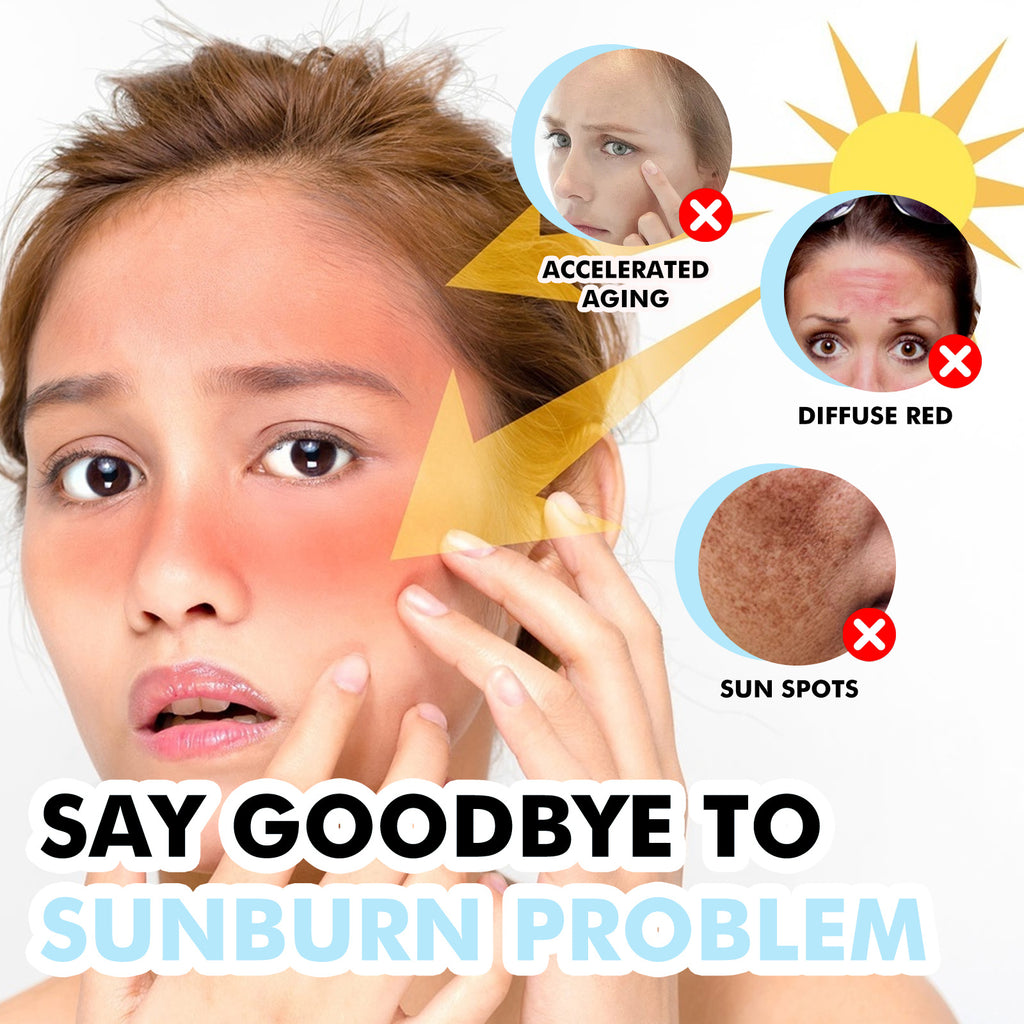 Woman with sunburned skin showing symptoms like accelerated aging, diffuse redness, and sun spots. Text 'Say Goodbye to Sunburn Problem' and sun icon.