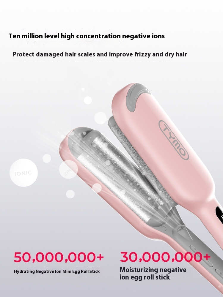 Pink hair straightener with text about negative ions on a light gray background