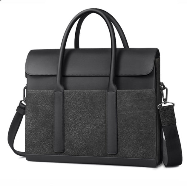 Black leather briefcase with shoulder strap on a white background