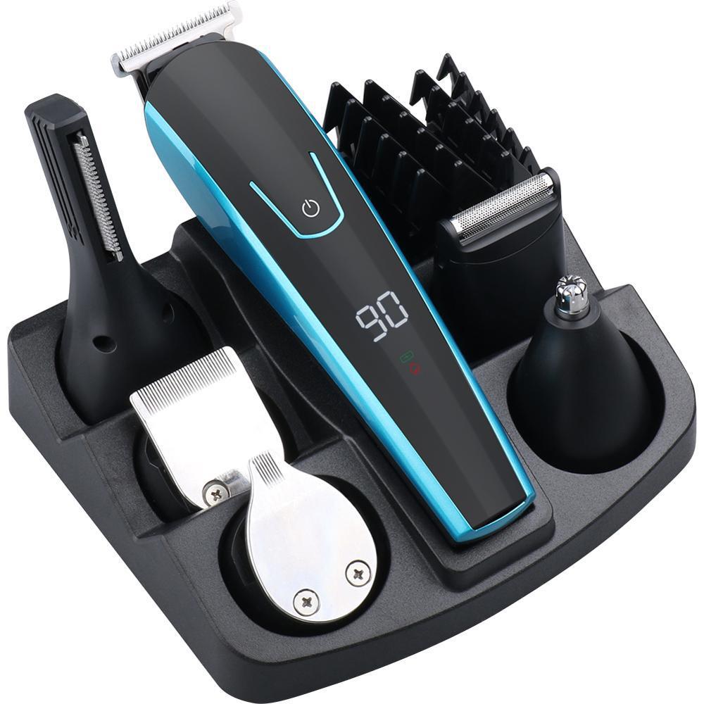 Grooming kit with multiple attachments on a black stand