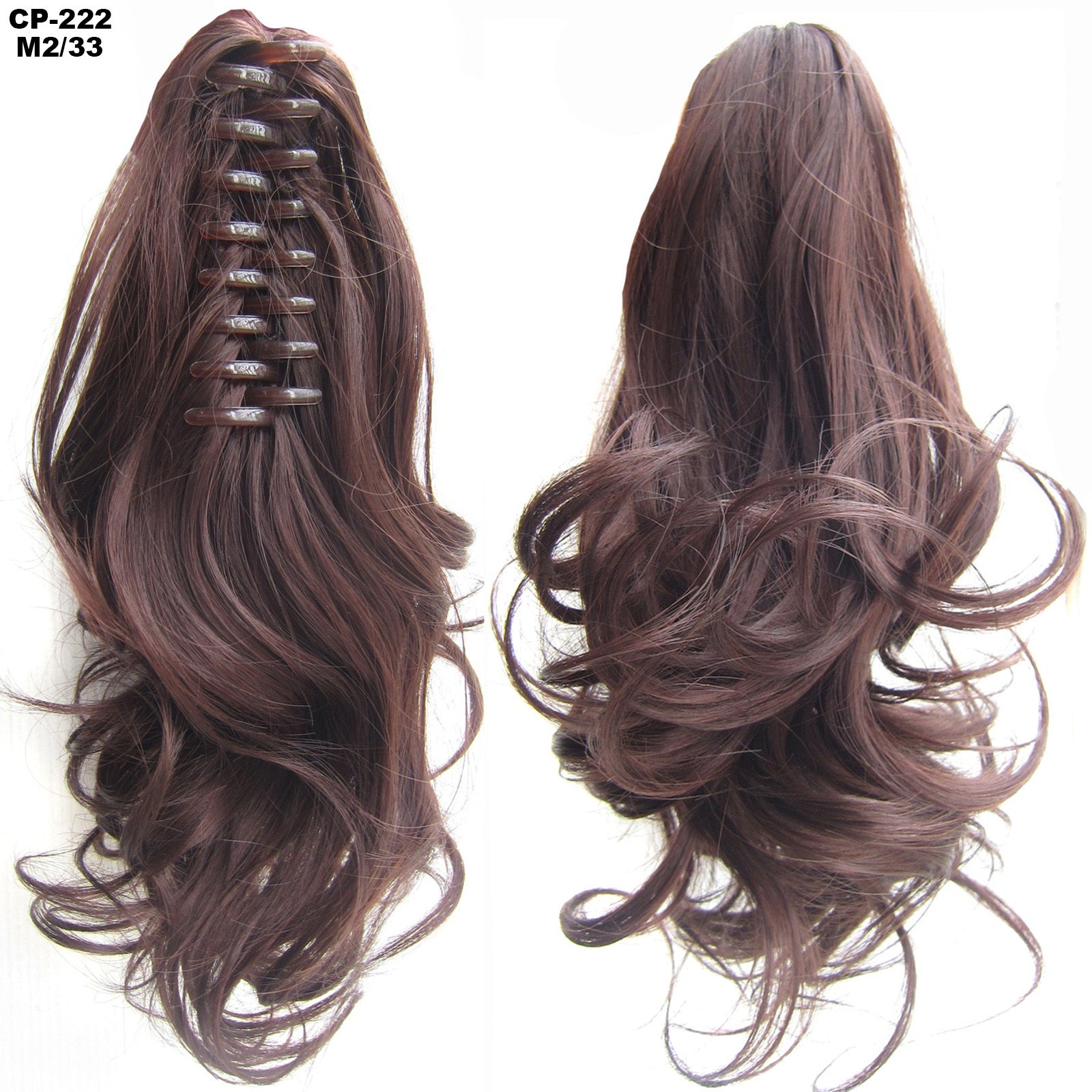 Brown hair extension with a clip on the left and styled on the right against a white background.