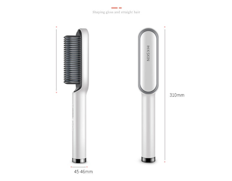 Hair straightening tool with comb and measurement details on a white background