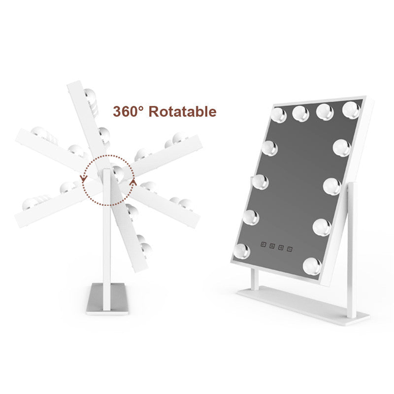 360-degree rotatable makeup mirror with lamp bulbs on a white background