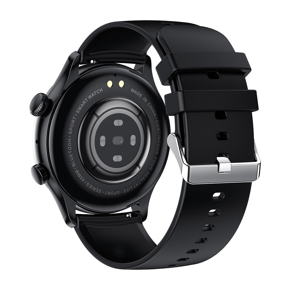Black smartwatch with a detailed view of the back on a white background
