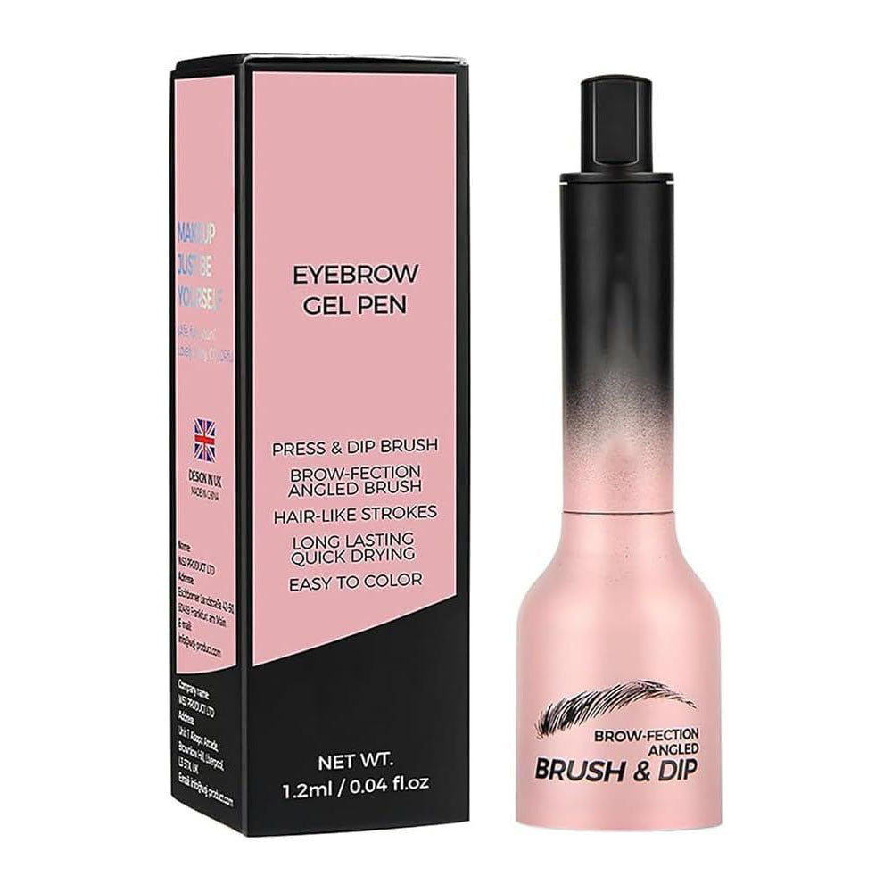 Eyebrow gel pen with pink and black gradient design and packaging on a white background