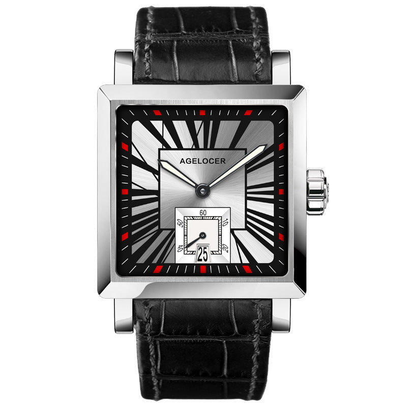 Watch with black leather strap and silver case on a white background