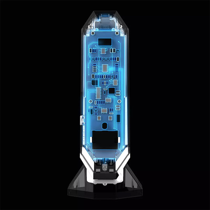 Electronic device with blue internal lighting on a black background
