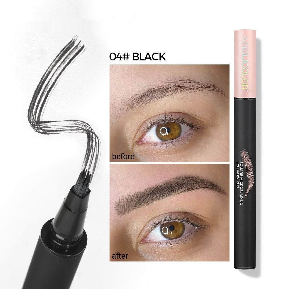 Eyebrow pen with before and after effects on an eye, showing black color.
