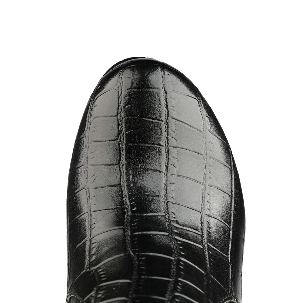 Close-up of a black crocodile-patterned shoe sole on a white background