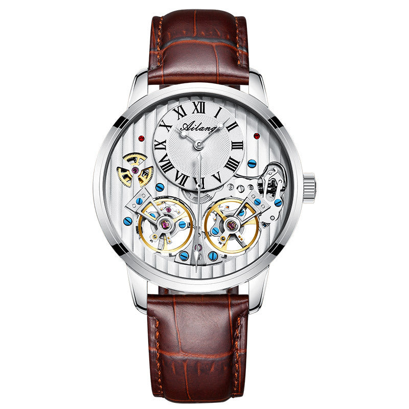 Watch with brown leather strap and visible mechanical components on a white background