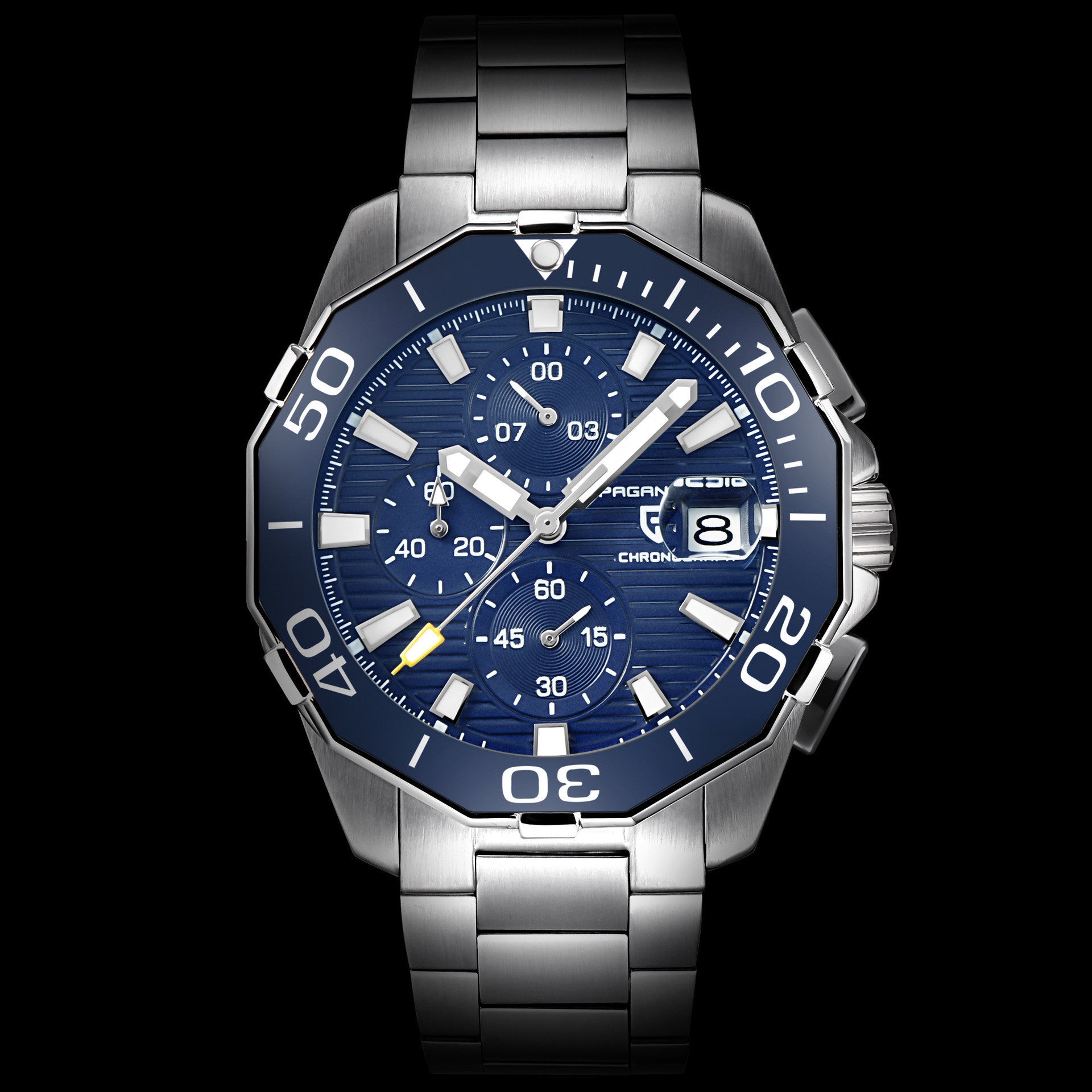 Silver watch with a blue face on a black background