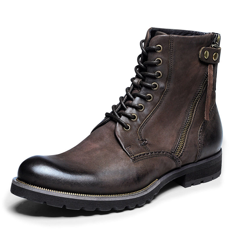 Brown leather boot with laces on a white background