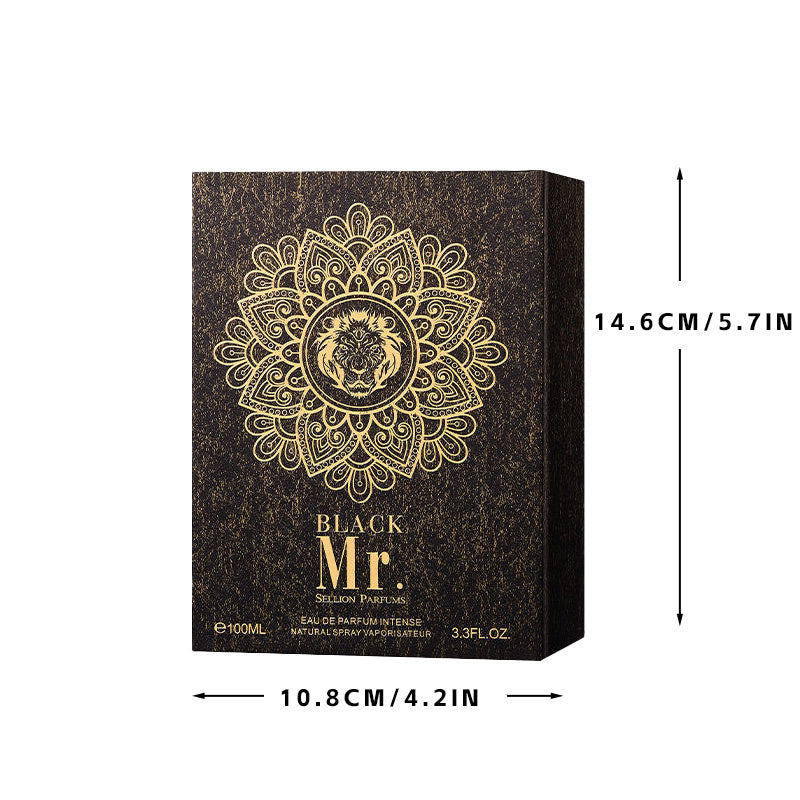 Black and gold packaging of 'Black Mr.' perfume with measurements on a white background