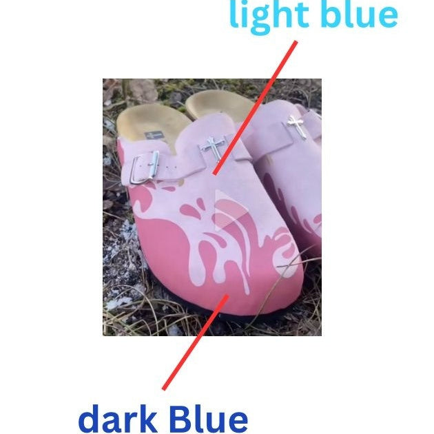 Pink clogs with white floral patterns on a grassy background, labeled 'light blue' and 'dark Blue'.
