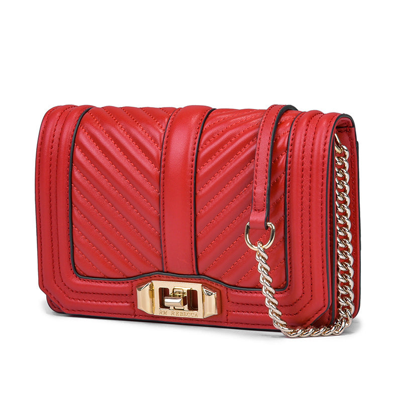 Women's Rhombic Chain Shoulder Bag, First Layer Cowhide