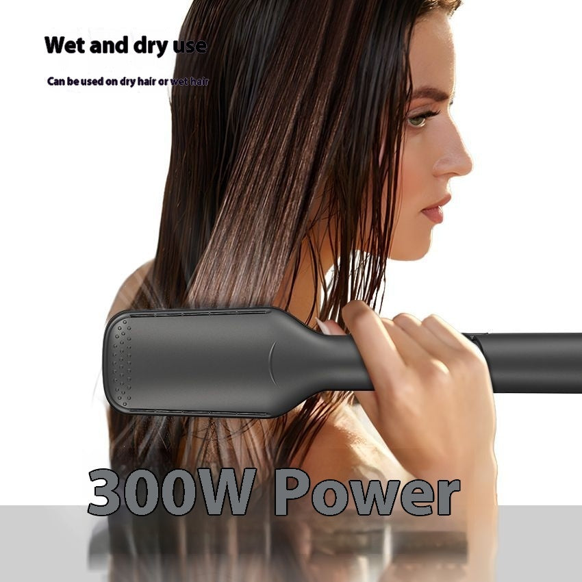 Woman using a black hairbrush with text about wet and dry use and 300W power.