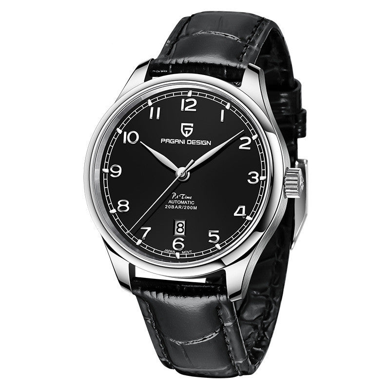 Black wristwatch with silver case and black leather strap on a white background