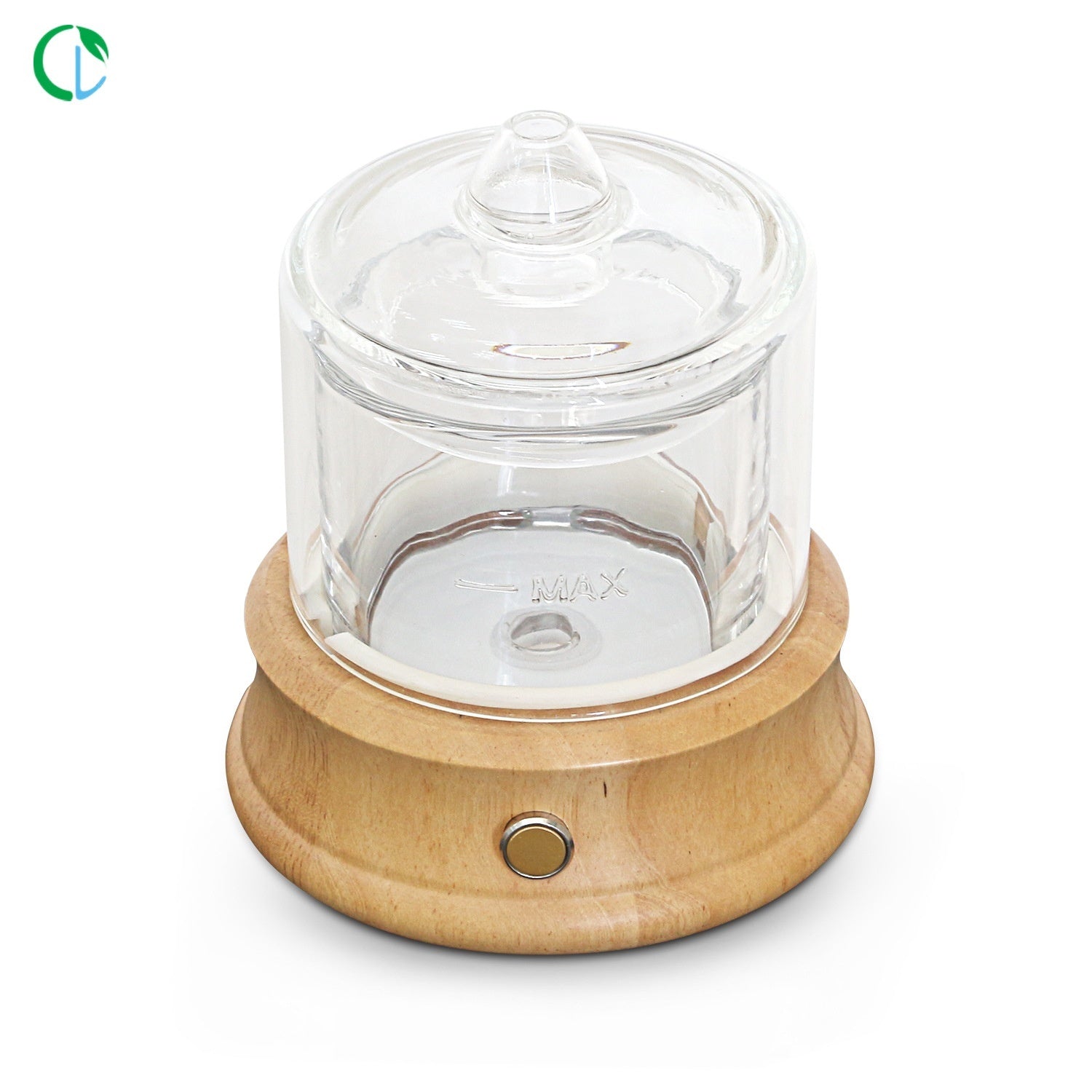 Glass container with wooden base on a white background