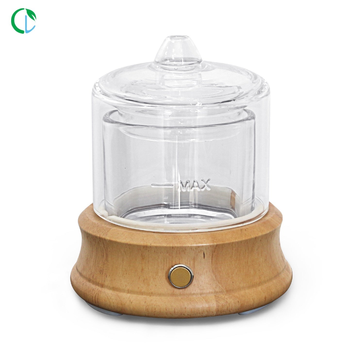 Glass container with wooden base and clear lid on a white background